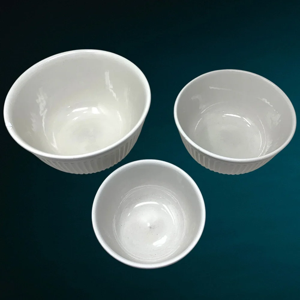 Williams Sonoma White Ribbed Mixing Nesting Bowl Set 3 Farmhouse Kitchen Ceramic